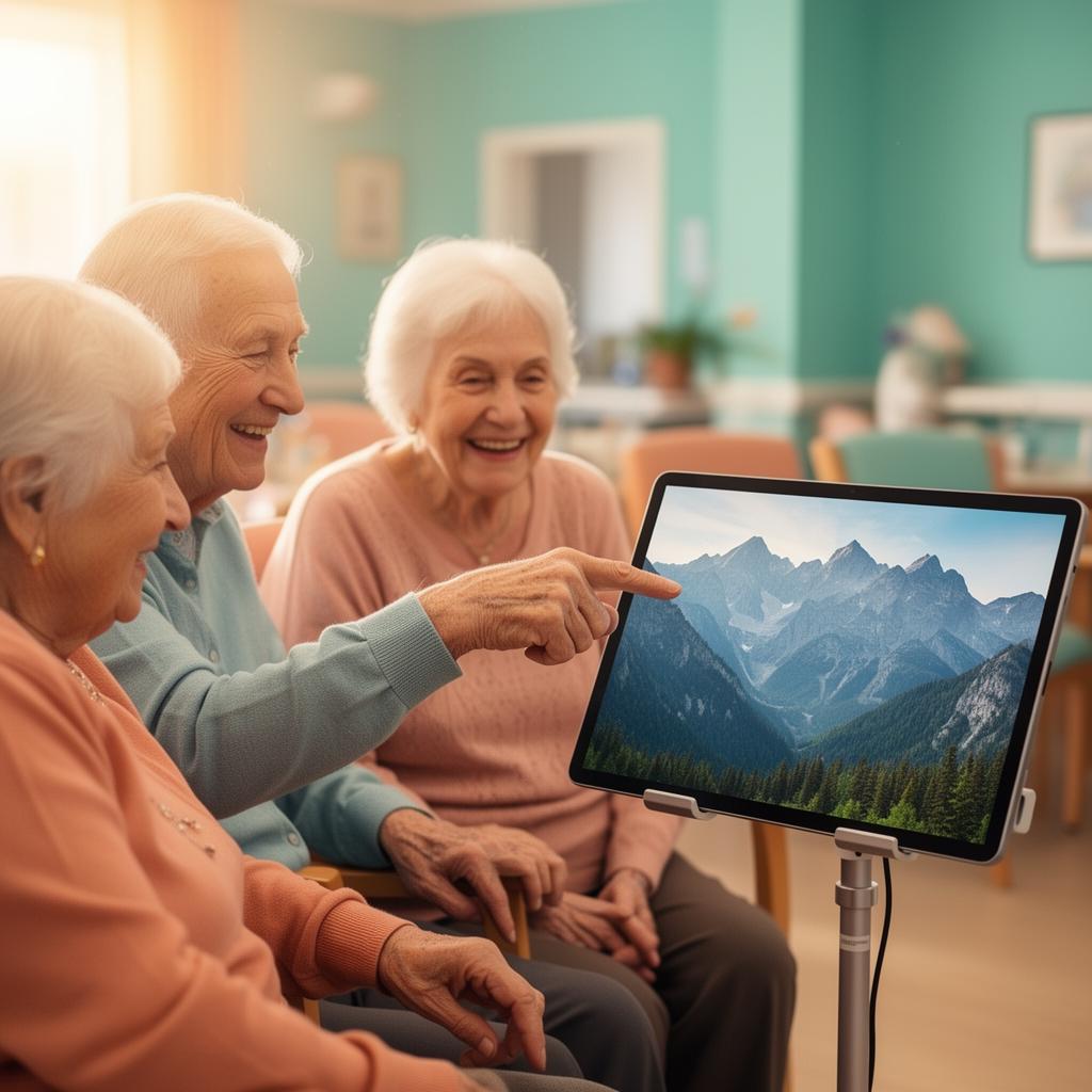 Bewohner schauen gemeinsam auf ein Tablet mit Berglandschaft