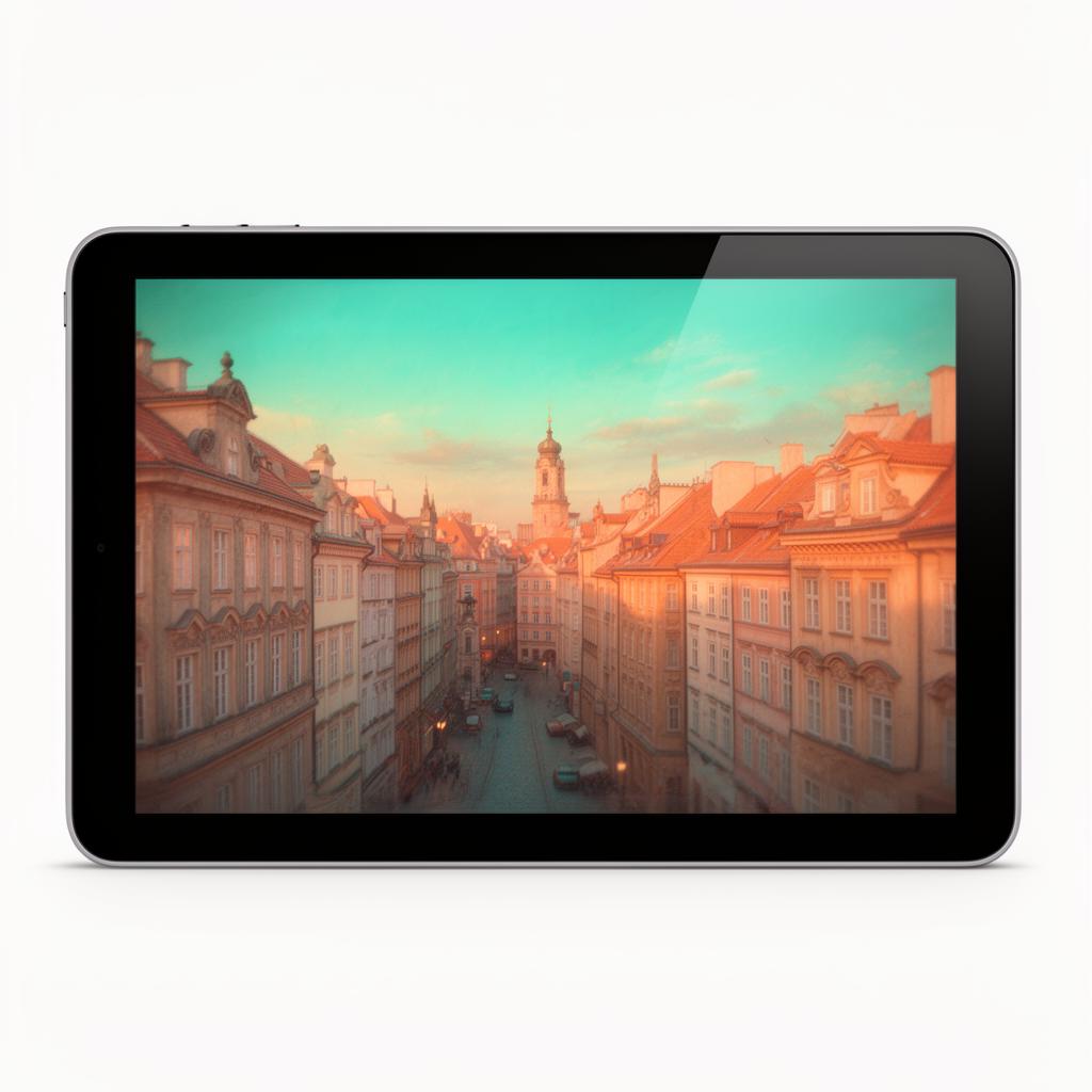 360°-Panorama einer europäischen Altstadt bei goldenem Abendlicht auf einem Tablet