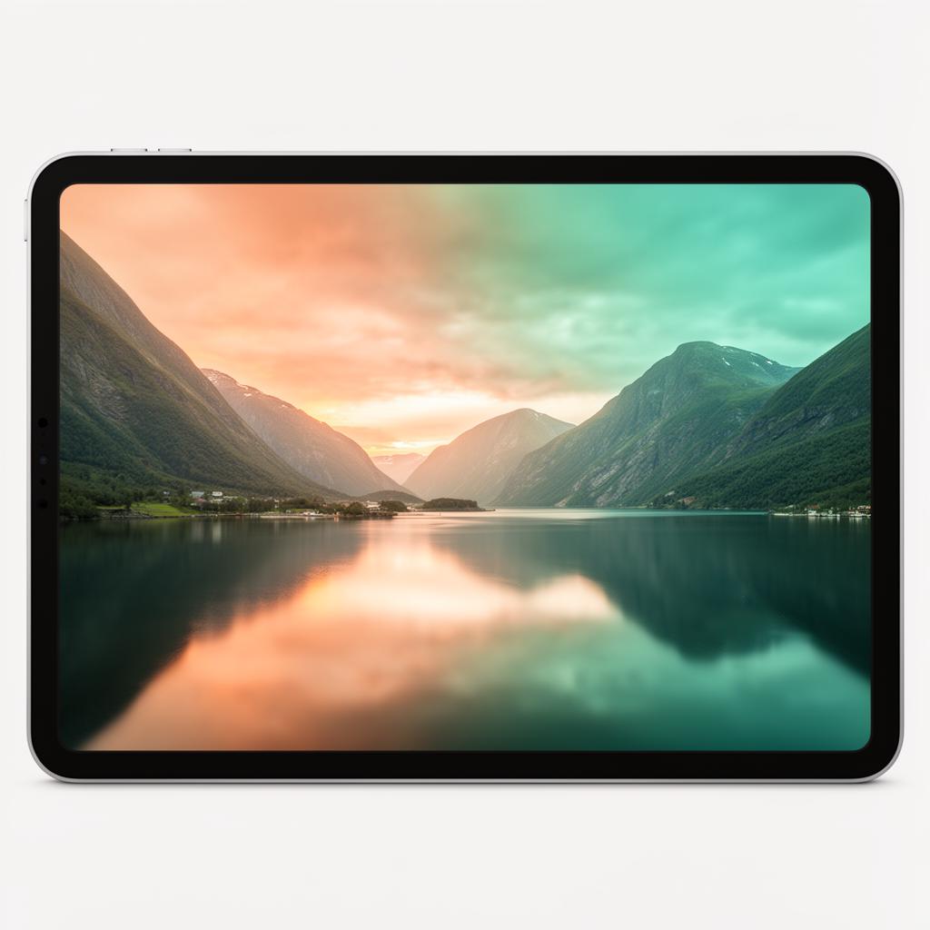 360°-Panorama eines norwegischen Fjords bei Sonnenuntergang auf einem Tablet